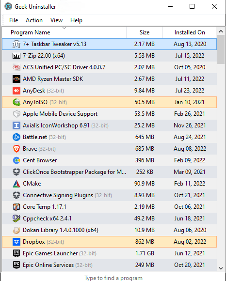 Geek Uninstaller main window showing the program list and search